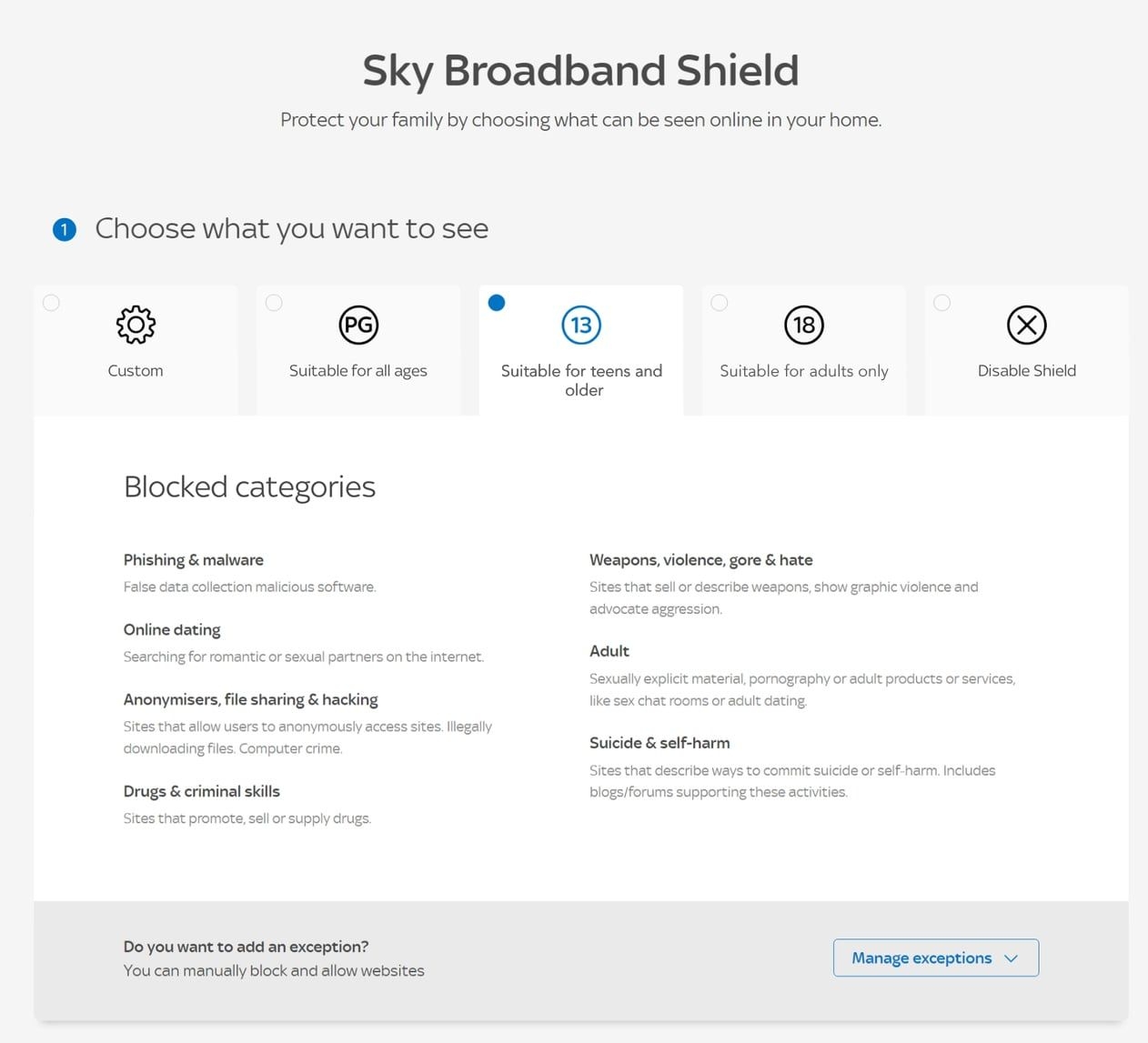 sky broaband shield age ratings