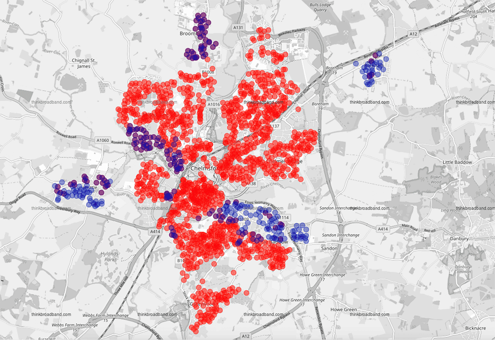 virgin media / nexfibre coverage in chelmsford, november 2024